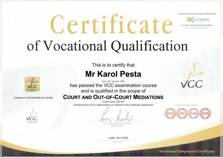 mediator Karol Pesta uzyskał międzynarodowy certyfikat VCC